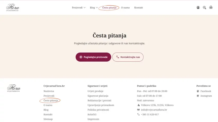 Flora FAQ u izborniku i footeru