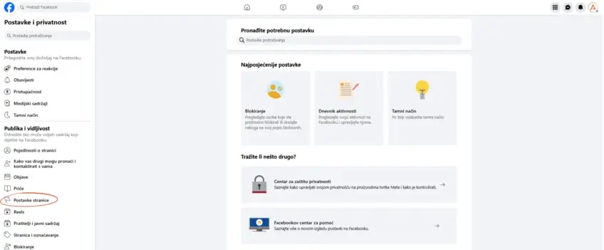 Postavke Facebook stranice