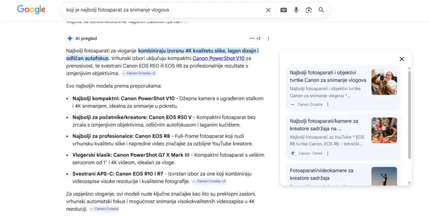 Google AI Overview koji je najbolji fotoaparat za snimanje vlogova